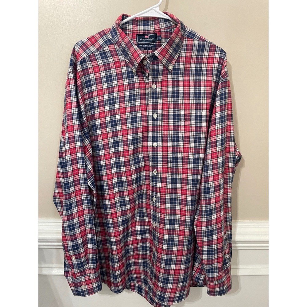 Vineyard Vines Slim Fit Performance Murray Shirt XXL Red Blue Plaid Button Down